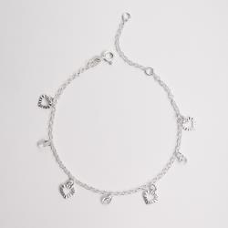 Pulseira pingente corações com vinco e zircônias corrente elo português 19cm